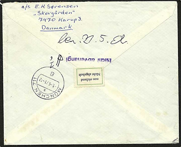 30 øre grøn bølgelinie og 1 kr. brun Niels Stensen på Rec. brev fra Karup. J. d. 18.5.1971 til München, Tyskland. Brevet er ikke afhentet.