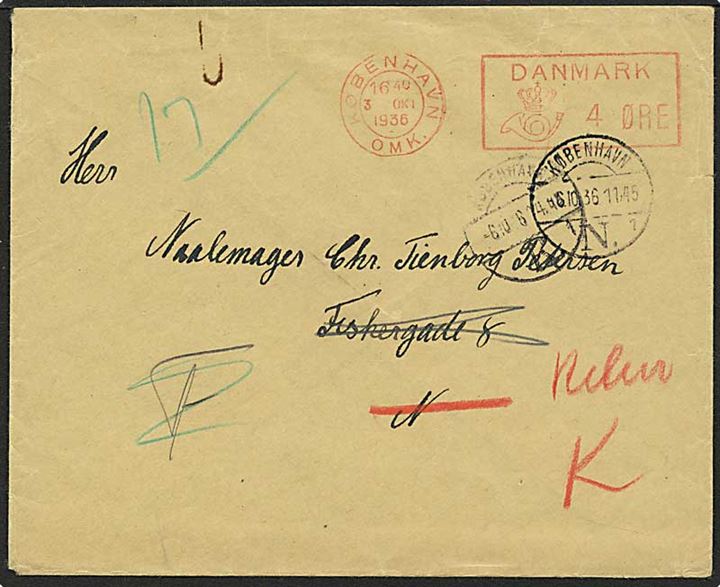 4 øre posthusfranko frankeret tryksaf fra København d. 3.10.1936. Retur med stempel: Flyttet, hvorhen vides ikke.