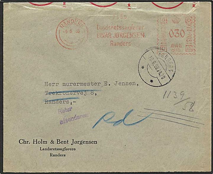 30 øre firma franko-frankeret brev fra Randers d. 6.6.1958. Åbnet ved en fejl med lukkeoblat J.30 (6-51) og returneret med stempel: Flyttet, Hvorhen vides ikke.