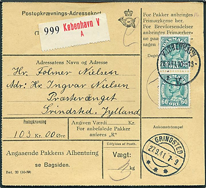 60 øre Chr. X i parstykke på adressekort for pakke med opkrævning fra Kjøbenhavn d. 29.9.1941 til Grindsted.