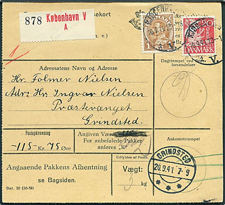 20 øre Karavel og 1 kr. Chr. X på adressekort for pakke med opkrævning fra Kjøbenhavn d. 19.9.1941 til Grindsted.