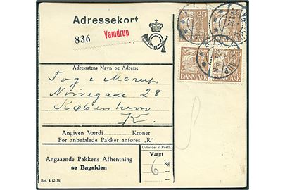 25 øre Karavel (4) på adressekort for pakke fra Vamdrup d. 29.9.1939 til København.