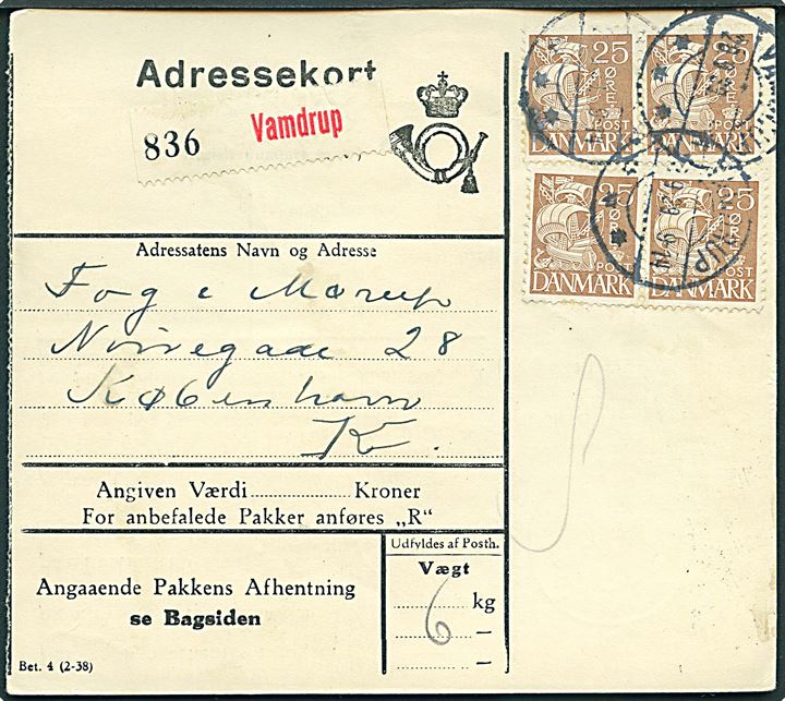 25 øre Karavel (4) på adressekort for pakke fra Vamdrup d. 29.9.1939 til København.