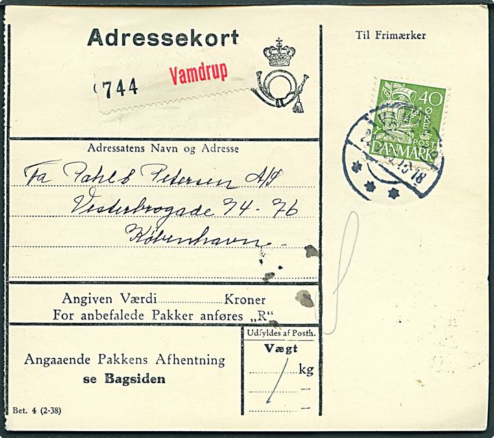 40 øre Karavel single på adressekort for pakke fra Vamdrup d. 22.9.1939 til København.