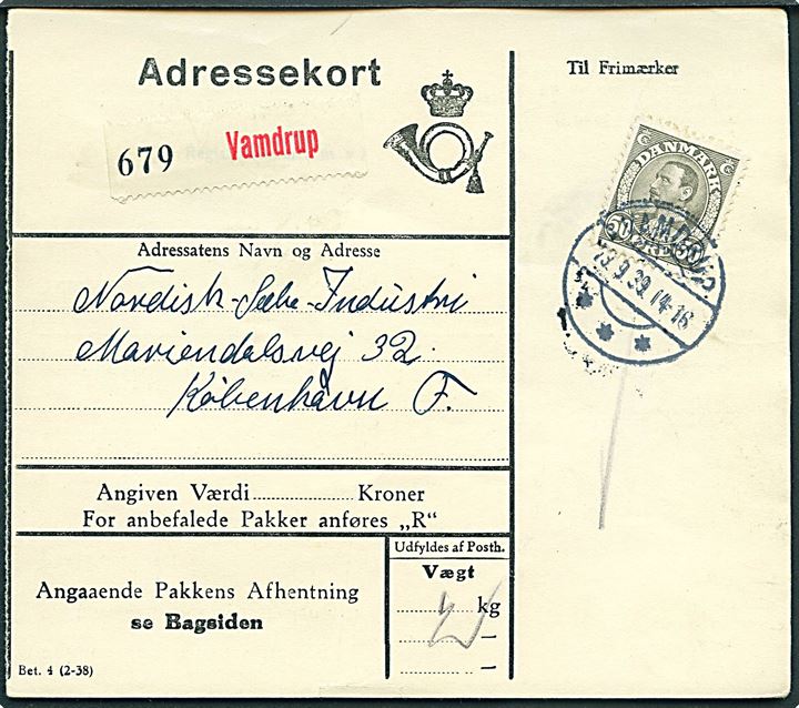 50 øre Chr. X single på adressekort for pakke fra Vamdrup d. 19.9.1939 til København.