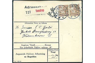 25 øre Karavel i parstykke på adressekort for pakke fra Vamdrup d. 22.9.1939 til København.