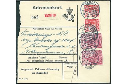 5 øre Thorvaldsen og 15 øre Karavel i parstykker på adressekort for pakke fra Vamdrup d. 18.9.1939 til København.
