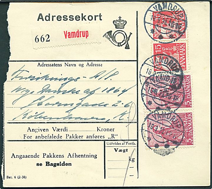 5 øre Thorvaldsen og 15 øre Karavel i parstykker på adressekort for pakke fra Vamdrup d. 18.9.1939 til København.