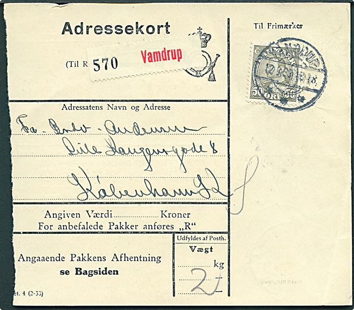 50 øre Chr. X single på adressekort for pakke fra Vamdrup d. 12.9.1939 til København.