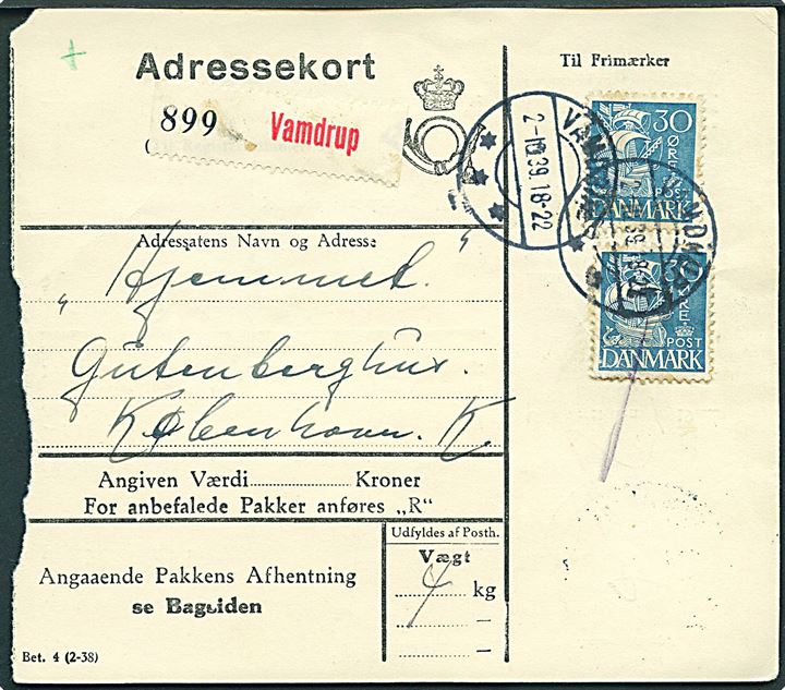 30 øre Karavel (2) på adressekort for pakke fra Vamdrup d. 2.10.1939 til København.