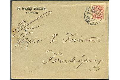 10 øre Våben helsagsafklip anvendt som frankering på brev fra Det kongelige Veierkontor i Aalborg d. 24.11.1893 til Jönköping, Sverige.