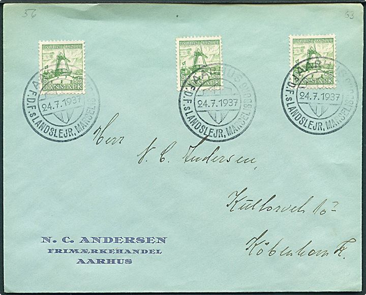 5+5 øre Dybbøl Mølle (3) på brev annulleret med spejder særstempel Aarhus F.D.F.s Landslejr, Marselisborg d. 24.7.1937 til København.