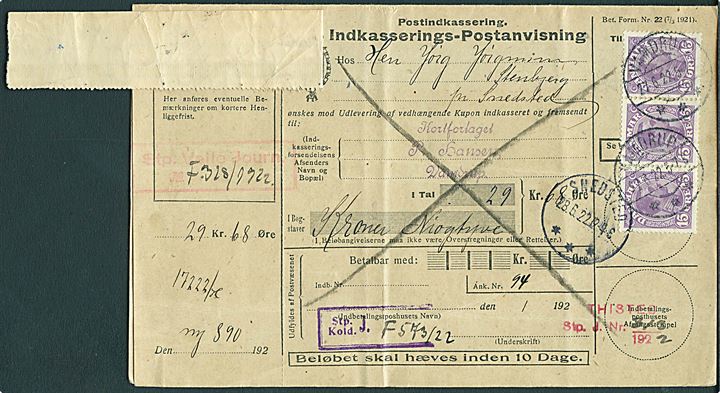 15 øre Chr. X i 3-stribe på retur Indkasserings-Postanvisning fra Vamdrup d. 27.6.1922 til Snedsted. Retur med flere stempler og påtegninger.