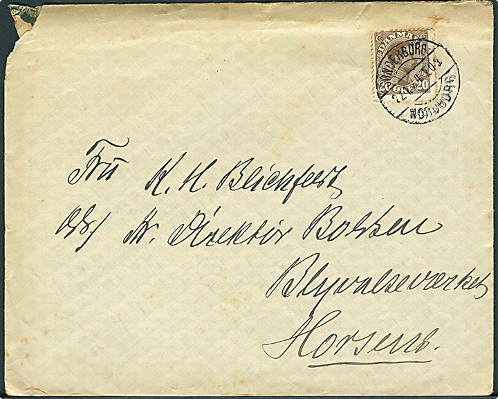 20 øre Chr. X på brev annulleret med bureaustempel Sønderborg - Nordborg T.09 d. 22.1.1924 til Horsens.