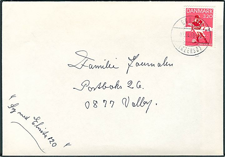 3,20 kr. DBU 100 år på brev annulleret med vanskeligt parentes stempel Gørlev (Reersø) d. 7.4.1989 til Valby.
