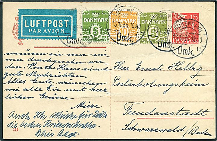 15+5 øre provisorisk helsagsbrevkort (fabr. 116) opfrankeret med 5 øre og 10 øre Bølgelinie sendt som luftpost fra København d. 13.11.1936 til Freudenstadt, Tyskland.