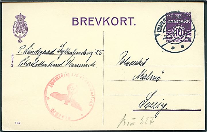 10 øre helsagsbrevkort (fabr. 135) fra Charlottenlund d. 4.5.1940 til Malmö, Sverige. Tysk censur fra Hamburg.