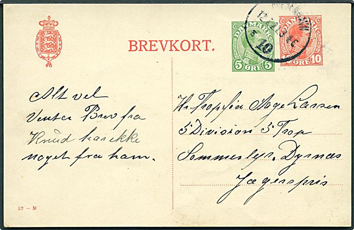 10+5 øre provisorisk helsagsbrevkort (farbr. 52-M) fra Kjøbenhavn d. 12.7.1921 til spejder i 5. Division 5. Trop, Sommerlejr Dyrnæs pr. Jærgenspris.