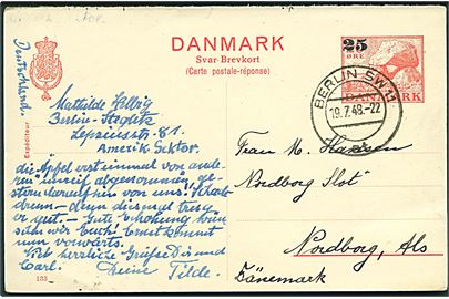 25/20 øre provisorisk svardel af dobbelt helsagsbrevkort annulleret med tysk stempel i Berlin d. 19.7.1948 til Nordborg, Als, Danmark.