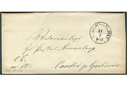 1853. Ufrankeret tjenestebrev påskrevet K.T.m.A. med antiqua Nykjøbing paa Falster d. 21.2.1853 til Vaalse pr. Gaabense.