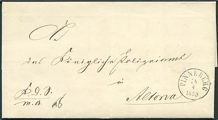 1859. Ufrankeret tjenestebrev mærket K.d.S.m.a. 68 med antiqua Pinneberg d. 28.4.1859 til Kgl. Polizeiamt i Altona.