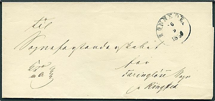 1856. Ufrankeret tjenestebrev fra Bregentved Grevskab og Gisselfeldt Klosters Birk med 1½ ringsstempel Rönnede d. 16.9.1856 til Faringløse pr. Ringsted.