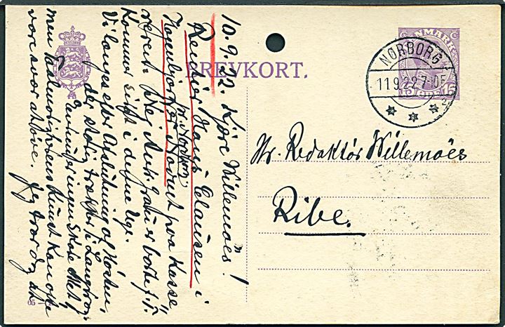 15 øre Chr. X helsagsbrevkort (fabr. 65-H) annulleret med brotype IIb Nørborg sn2 d. 11.9.1922 til Ribe. Arkivhul.