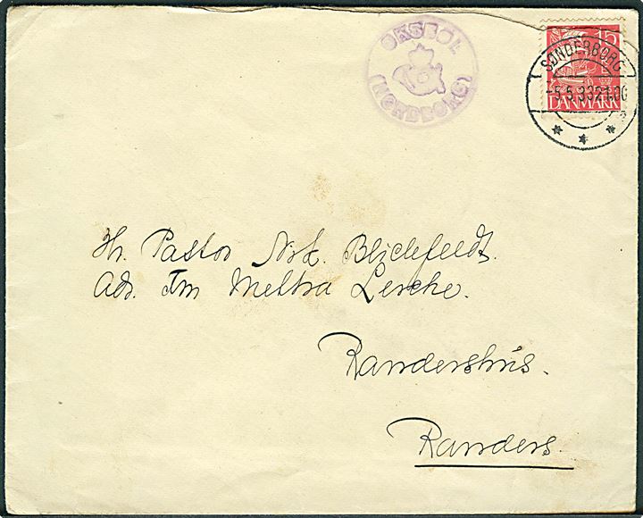 15 øre Karavel (defekt) på brev stemplet Sønderborg d. 5.5.1933 og sidestemplet med posthornstempel OKSBØL (NORDBORG) til Randers. 