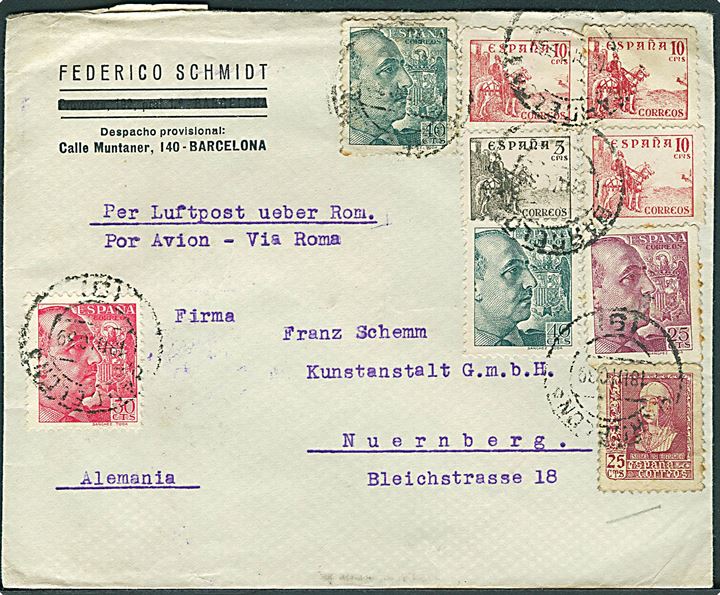 Blandingsfrankeret luftpostbrev fra Barcelona d. 18.12.1939 til Nürnberg, Tyskland. Påskrevet: Per Luftpost über Rom. Spansk censur fra Barcelona og åbnet af tysk censur.