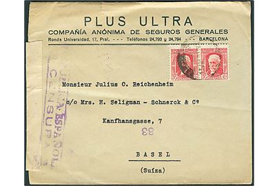 30 cts. i parstykke på brev fra Barcelona d. 13.7.1937 til Basel, Schweiz. Åbnet af lokal spansk censur i Barcelona.