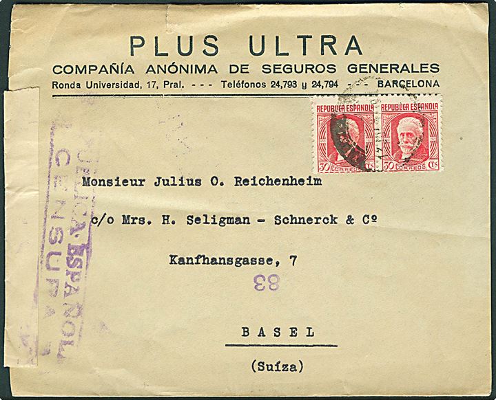 30 cts. i parstykke på brev fra Barcelona d. 13.7.1937 til Basel, Schweiz. Åbnet af lokal spansk censur i Barcelona.