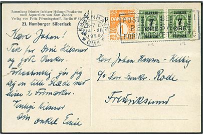 1 øre Bølgelinie og 7/10 øre Provisorium i parstykke på brevkort fra København d. 14.12.1926 til Frederikssund. Rift i venstre side.