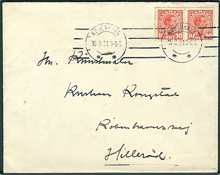 10 øre Chr. X i parstykke på brev fra København d. 15.3.1921 til kunstmaler Kristen Kongstad i Hillerød.