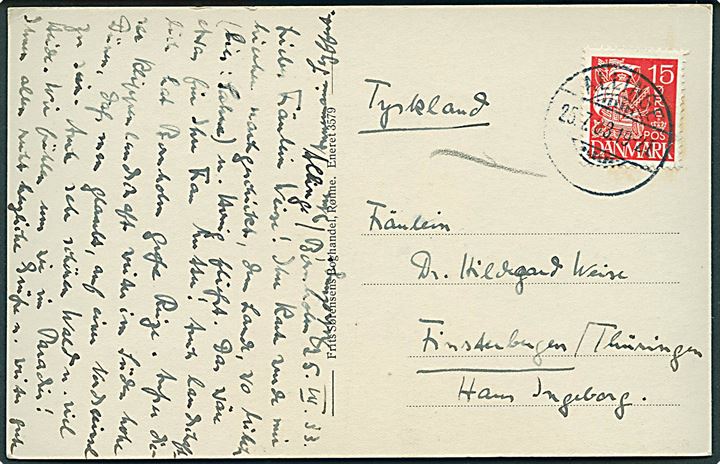 15 øre Karavel på brevkort annulleret med brotype Ic Allinge d. 25.7.1933 til Tyskland.