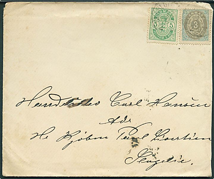 3 øre Tofarvet omv. rm. og 5 øre Våben på brev annulleret med lapidar Charlottenlund d. 12.8.1893 via København til Slagelse