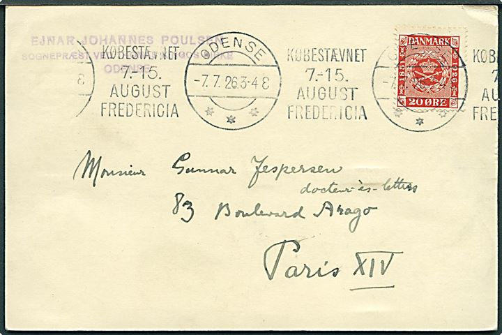 20 øre Frimærkejubilæum på brevkort annulleret med båndmaskin-TMS Købestævnet 7.-15. August Fredericia/Odense *** d. 7.7.1926 til Paris, Frankrig.