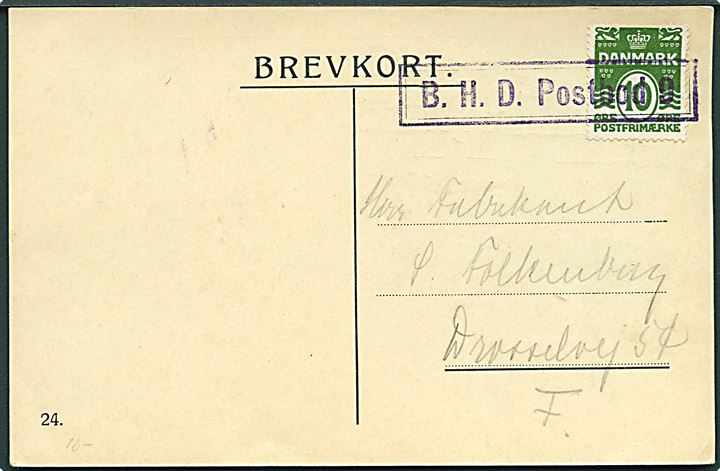 10 øre Bølgelinie på brevkort (Rasmus Christiansen: Postskibe på Storebælt) annulleret med særstempel B. H. D. Postbod 9 på Børnehjælpsdagen i 1925 til København.