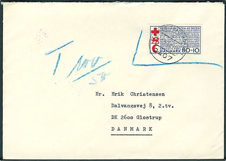 80+10 øre Røde Kors markeret ugyldig på brev annulleret med tysk stempel i Lübeck-Travemünde d. 11.5.1969 til Glostrup, Danmark. Udtakseret i porto.