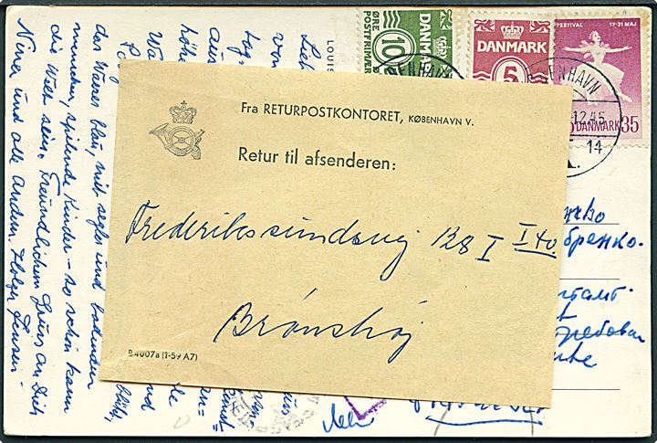 5 øre, 10 øre Bølgelinie og 35 øre Ballet- og Musikfestival på brevkort fra København d. 27.5.1963 til poste restante i Moskva, USSR. Retur som ikke afhentet med etiket P4607a (1-59 A7) fra Returpostkontoret.