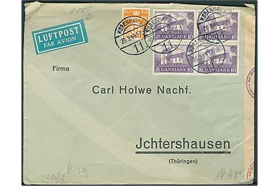 6 øre Bølgelinie og 10 øre Landsbykirke i fireblok på luftpostbrev fra København d. 26.9.1944 til Jchtershausen, Tyskland. Åbnet af tysk censur i Berlin.