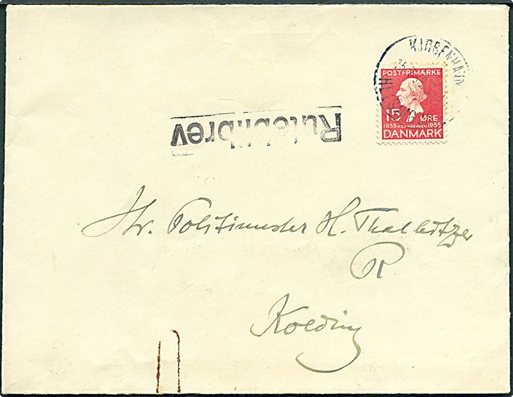 15 øre H. C. Andersen på brev fra Fredensborg annulleret med bureaustempel Kjøbenhavn - Helsingør T.700 d. 15.7.1936 og sidestemplet Rutebilbrev til Kolding.