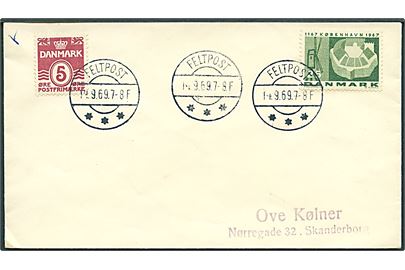 5 øre Bølgelinie og 25 øre København 800 år på filatelistisk brev annulleret med brotype IIb Feltpost d. 14.9.1969 til Skanderborg.