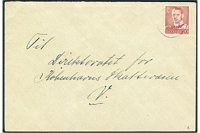 20 øre Fr. IX på brev annulleret med violet gummistempel 9 sendt lokalt i København ca. 1948.