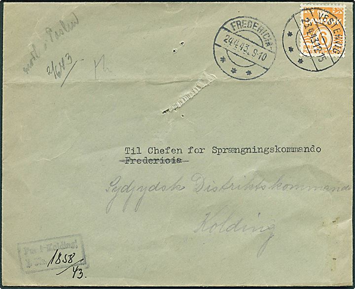 6 øre Bølgelinie på tryksag fra Vestervig d. 23.4.1943 til Chefen for Sprængningskommando i Fredericia - eftersendt til Sydjydske Distriktskommando i Kolding. Lille skade på forsiden.
