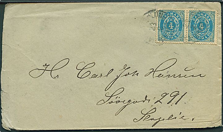 4 øre Tofarvet omv. rm. i parstykke på brev annulleret med svagt lapidar Charlottenlund d. 23.2.1895 via København til Slagelse.