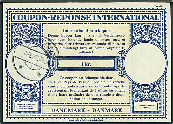 1 kr. International Svarkupon stemplet Charlottenlund d. 8.12.1967.