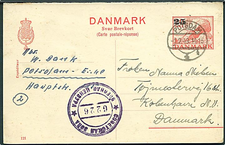 25/20 øre provisorisk svardel af dobbelt helsagsbrevkort (fabr. 121) annulleret med tysk stempel i Potsdam d. 1.2.1949 til København. Russisk censurstempel no. 6226 fra den sovjetiske besættelseszone.