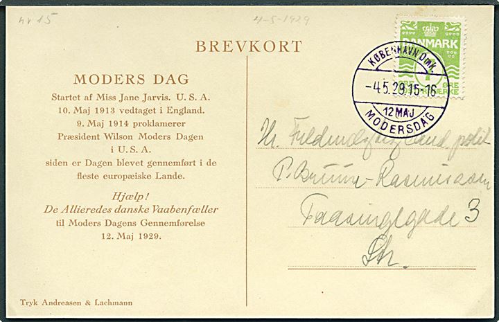 7 øre Bølgelinie på tegnet brevkort (Thor Bøgelund: Moders Dag) annulleret med violet særstempel København Omk. 12 Maj Modersdag d. 4.5.1929.