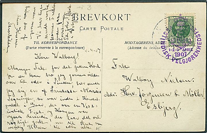 5 øre Fr. VIII på brevkort (Prinsesse Marie: Svampe) annulleret med violet særstempel Vestindisk Velgjørenhedsfest 1.2.3. April 1907 til Esbjerg. Iflg. meddelelse købt på til Vestindisk Fest på Kunstpalæet, hvor også kongen deltog.