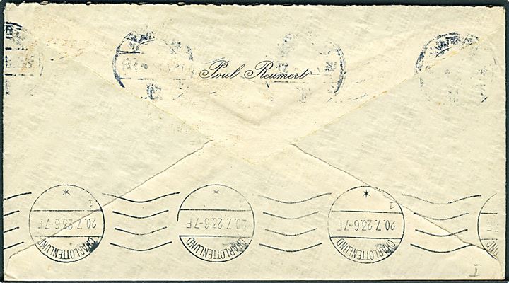 10 øre Bølgelinie på fortrykt kuvert fra skuespilleren Poul Reumert (1883-1968) sendt lokalt fra København d. 19.7.1923 til Charlottenlund. Indeholder fortrykt brevpapir med flot signatur. 